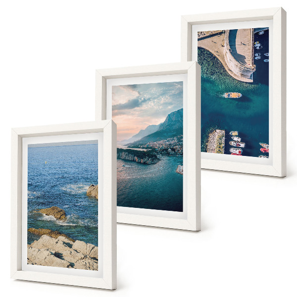 Conjunto de 3 quadros decorativos Vistas para o mar com falésias e portos de montanha
