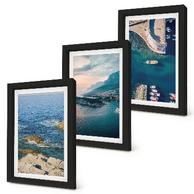 Conjunto de 3 quadros decorativos Vistas para o mar com falésias e portos de montanha