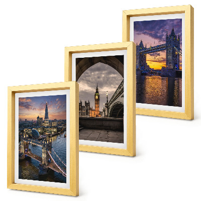 Tríptico com moldura Vistas da cidade com pontes e torres de relógio.