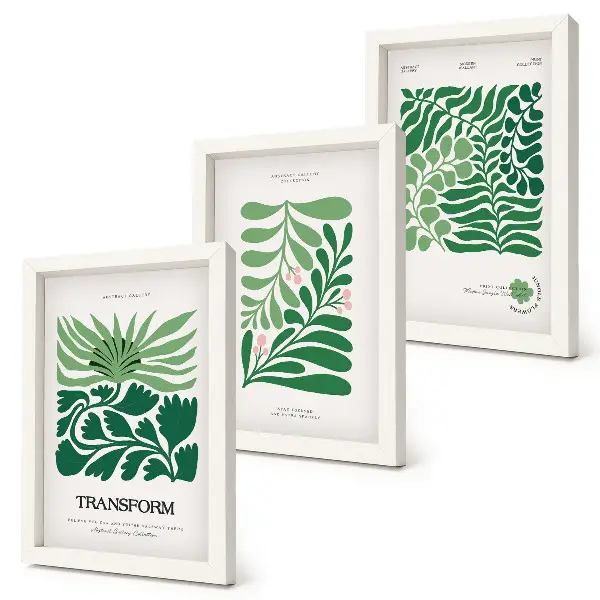 Conjunto de 3 quadros decorativos com estampas de folhas e plantas em diversos formatos