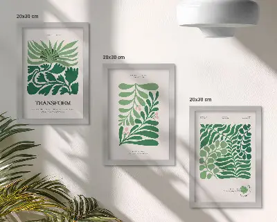 Conjunto de 3 quadros decorativos com estampas de folhas e plantas em diversos formatos
