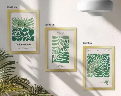 Conjunto de 3 quadros decorativos com estampas de folhas e plantas em diversos formatos