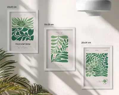 Conjunto de 3 quadros decorativos com estampas de folhas e plantas em diversos formatos