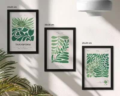 Conjunto de 3 quadros decorativos com estampas de folhas e plantas em diversos formatos
