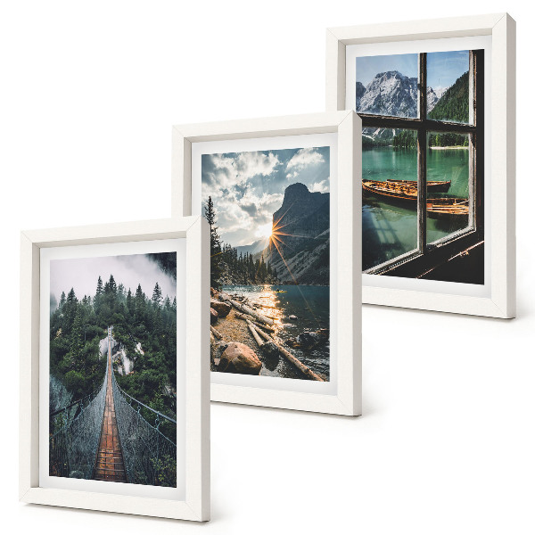 Conjunto de 3 quadros decorativos Ponte no lago da floresta com barcos e vista para a montanha.