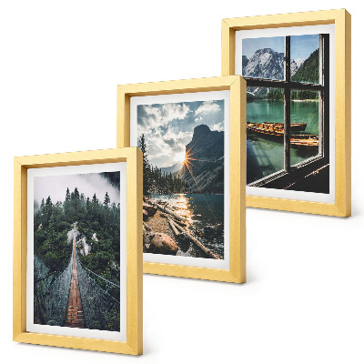 Conjunto de 3 quadros decorativos Ponte no lago da floresta com barcos e vista para a montanha.