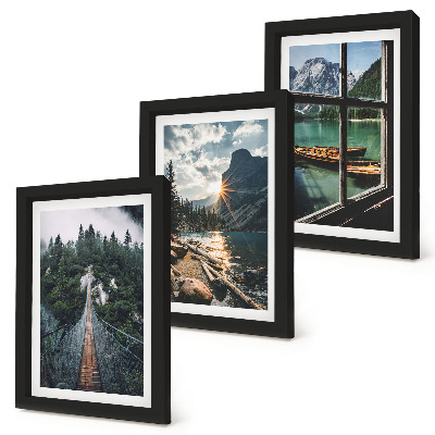 Conjunto de 3 quadros decorativos Ponte no lago da floresta com barcos e vista para a montanha.