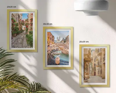 Conjunto de quadros com imagens ruas encantadoras e fontes em arquitetura pitoresca