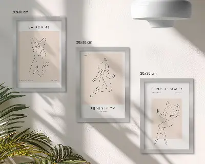 Tríptico com moldura de silhuetas lineares pôsteres minimalistas de mulheres