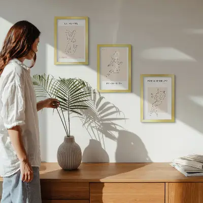 Tríptico com moldura de silhuetas lineares pôsteres minimalistas de mulheres