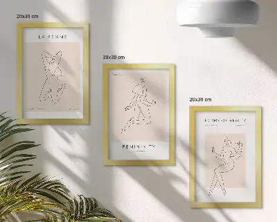Tríptico com moldura de silhuetas lineares pôsteres minimalistas de mulheres
