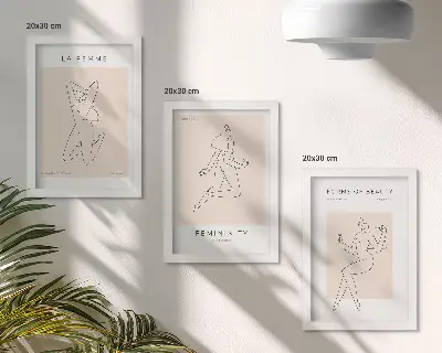 Tríptico com moldura de silhuetas lineares pôsteres minimalistas de mulheres