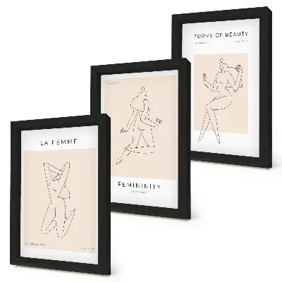 Tríptico com moldura de silhuetas lineares pôsteres minimalistas de mulheres