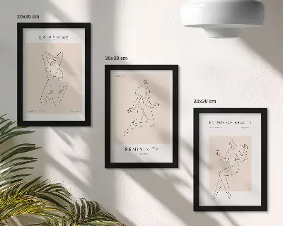 Tríptico com moldura de silhuetas lineares pôsteres minimalistas de mulheres