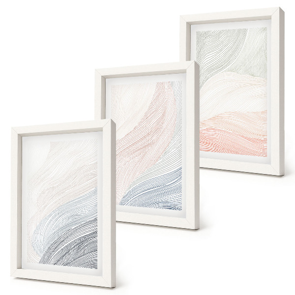 Conjunto de 3 quadros decorativos Pintura abstrata de ondas em papelão em tons pastel.