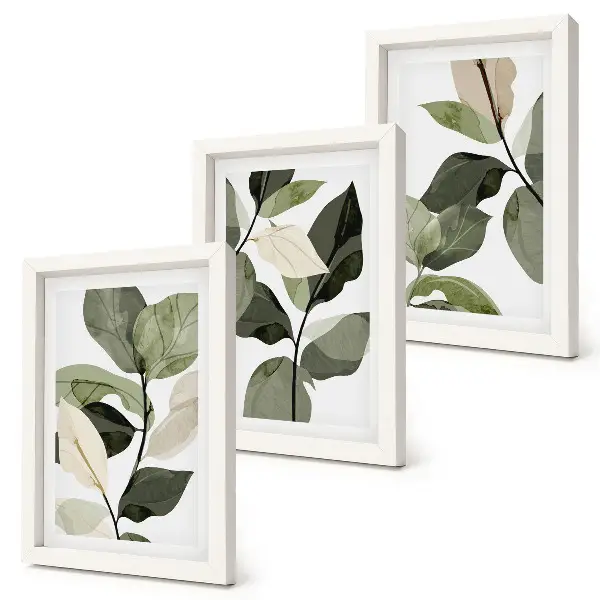 Tríptico com moldura folhas de plantas delicadas em estilo boho