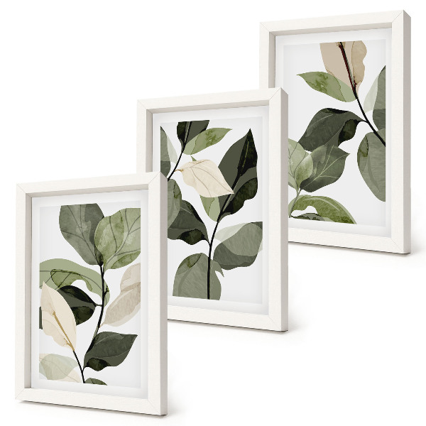 Tríptico com moldura Folhas de plantas delicadas pintadas em estilo boho