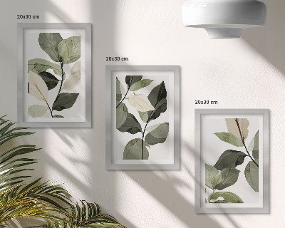 Tríptico com moldura Folhas de plantas delicadas pintadas em estilo boho