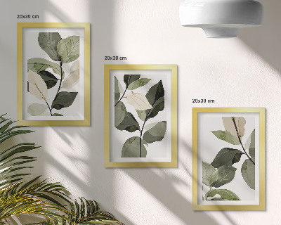 Tríptico com moldura Folhas de plantas delicadas pintadas em estilo boho