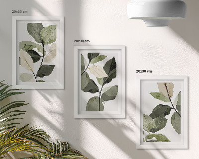 Tríptico com moldura Folhas de plantas delicadas pintadas em estilo boho