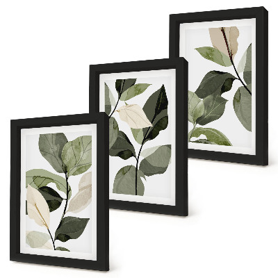 Tríptico com moldura Folhas de plantas delicadas pintadas em estilo boho