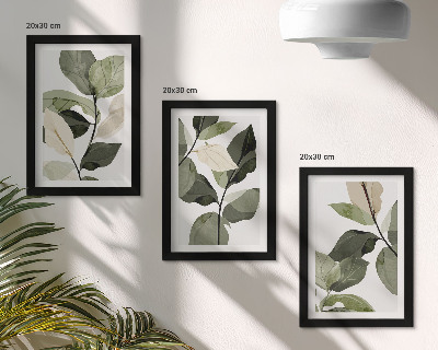 Tríptico com moldura Folhas de plantas delicadas pintadas em estilo boho