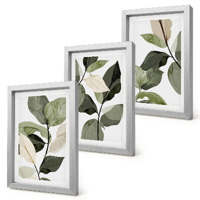 Tríptico com moldura Folhas de plantas delicadas pintadas em estilo boho