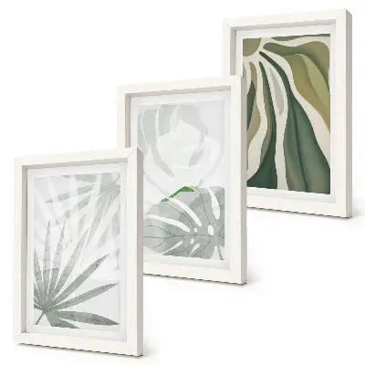 Conjunto de molduras com imagens com folhas de plantas em tons de verde e cinza