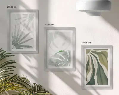 Conjunto de molduras com imagens com folhas de plantas em tons de verde e cinza