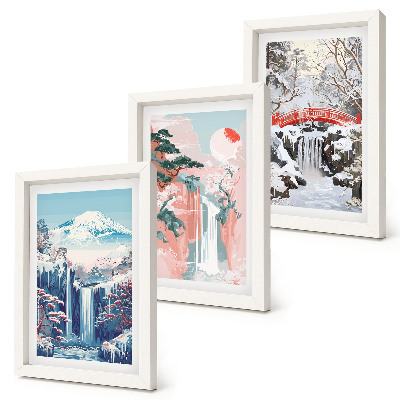 Conjunto de molduras com imagens Paisagens montanhosas e cachoeiras em diferentes estações do ano.