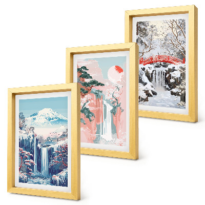 Conjunto de molduras com imagens Paisagens montanhosas e cachoeiras em diferentes estações do ano.