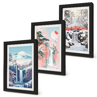 Conjunto de molduras com imagens Paisagens montanhosas e cachoeiras em diferentes estações do ano.