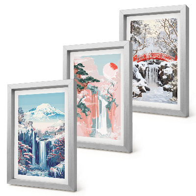 Conjunto de molduras com imagens Paisagens montanhosas e cachoeiras em diferentes estações do ano.
