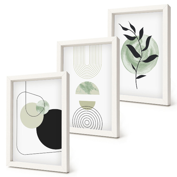 Conjunto de molduras com imagens Formas abstratas e motivos vegetais em verde.