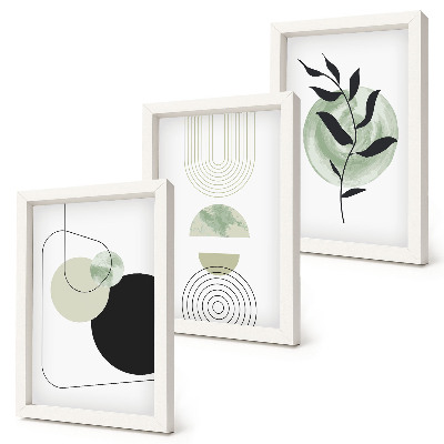 Conjunto de molduras com imagens Formas abstratas e motivos vegetais em verde.
