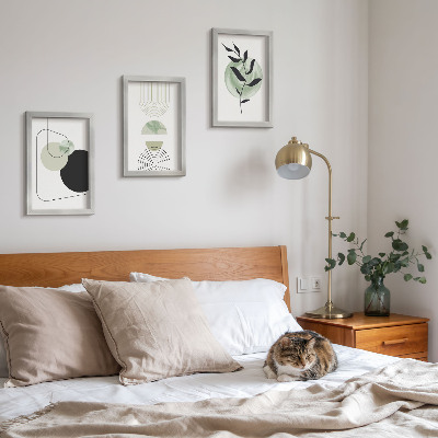 Conjunto de molduras com imagens Formas abstratas e motivos vegetais em verde.