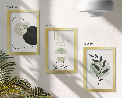 Conjunto de molduras com imagens Formas abstratas e motivos vegetais em verde.