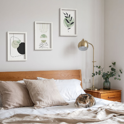 Conjunto de molduras com imagens Formas abstratas e motivos vegetais em verde.