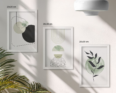 Conjunto de molduras com imagens Formas abstratas e motivos vegetais em verde.
