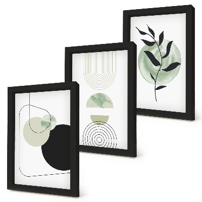 Conjunto de molduras com imagens Formas abstratas e motivos vegetais em verde.