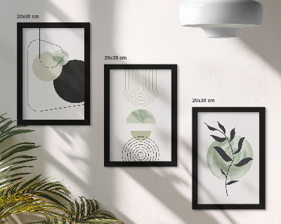 Conjunto de molduras com imagens Formas abstratas e motivos vegetais em verde.