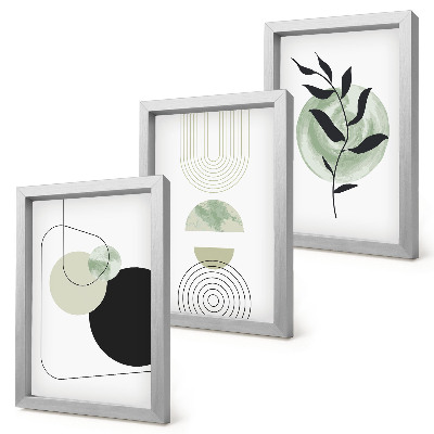 Conjunto de molduras com imagens Formas abstratas e motivos vegetais em verde.