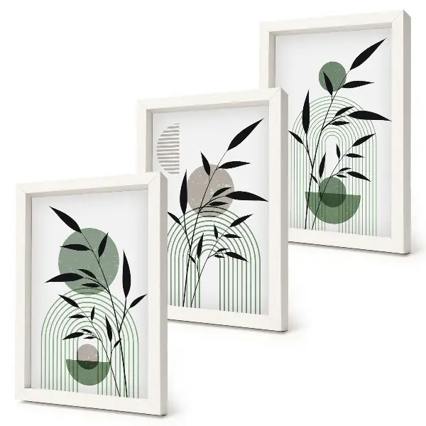 Tríptico com moldura composições abstratas de plantas em estilo boho