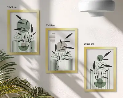 Tríptico com moldura composições abstratas de plantas em estilo boho