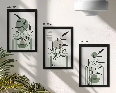 Tríptico com moldura composições abstratas de plantas em estilo boho