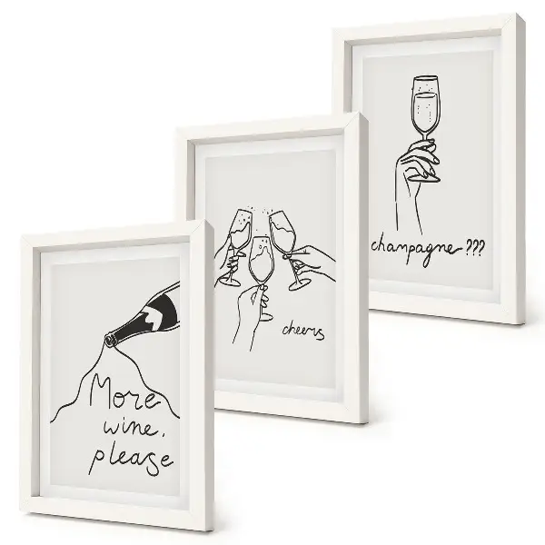 Conjunto de 3 quadros decorativos com ilustrações em desenho linear de vinho e champanhe