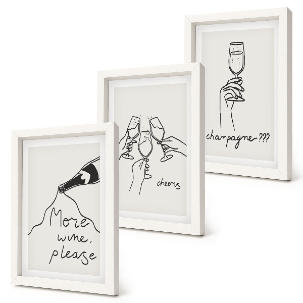 Conjunto de 3 quadros decorativos Momentos alegres com vinho e champanhe em desenho linear