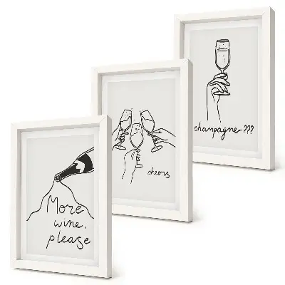 Conjunto de 3 quadros decorativos com ilustrações em desenho linear de vinho e champanhe