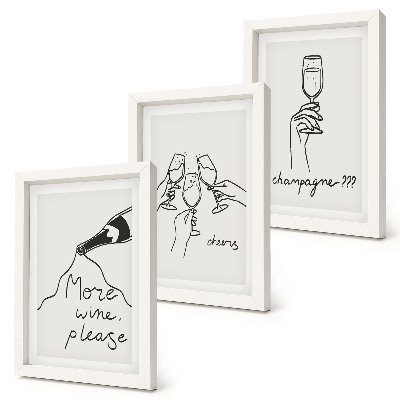 Conjunto de 3 quadros decorativos Momentos alegres com vinho e champanhe em desenho linear