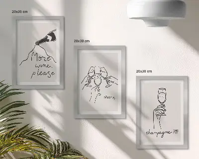 Conjunto de 3 quadros decorativos com ilustrações em desenho linear de vinho e champanhe
